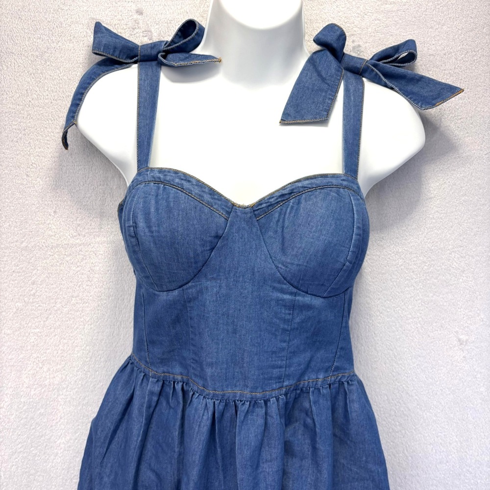 Band of the Free Smocked Babydoll Sundress Womens XS Chambray Bow‎ Sweetheart - Picture 3 of 15